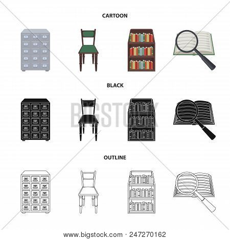 Cabinet With Filing Cabinet, Chair, Shelves, Information Search. Library And Bookstore Set Collectio