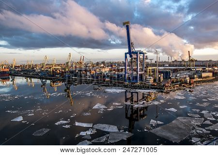 Saint-petersburg.russia.6 April 2018. Cranes  And Ships In The Marine Cargo Port Of Saint-petersburg