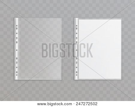 Vector 3d Realistic Translucent Punched Pocket Isolated On Transparent Background. Office Stationery