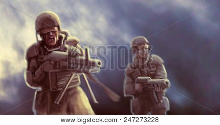 Space Troopers Attack The Enemy In A Fog. Battle On Alien Planet