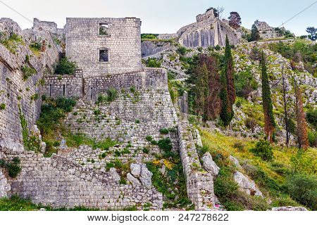 Ancient St John Fortress In The Mountains Near The Kotor City At Montenegro.