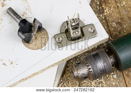 Milling Cutter For Fixing Hinges In Chipboard. Joinery Accessories For Furniture Construction.