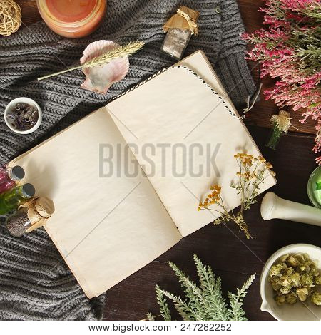 An Open Empty Vintage Notebook Surrounded By Herbs, Alchemy Appliances, Potions And Ingredients Lies