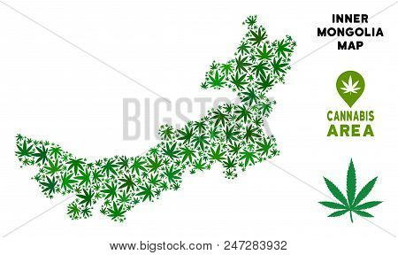 Cannabis Chinese Inner Mongolia Map Mosaic Of Marijuana Leaves. Narcotic Distribution Template. Vect