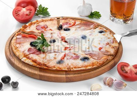 Flat Lay With Italian Pizza On Wooden Board And Various Ingredients Isolated On White Background