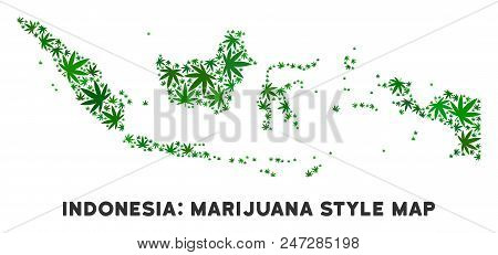 Weed Indonesia Map Mosaic Of Marijuana Leaves. Narcotic Distribution Concept. Vector Indonesia Map I