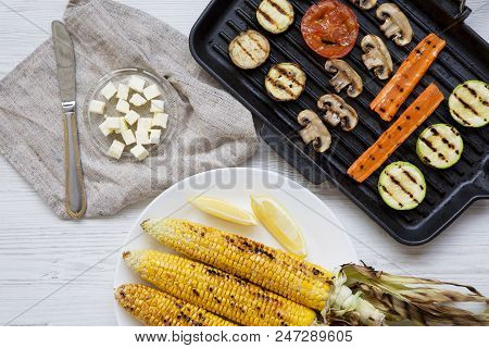 Grilled Corn On The Cob, Grilled Vegetables, Top View.