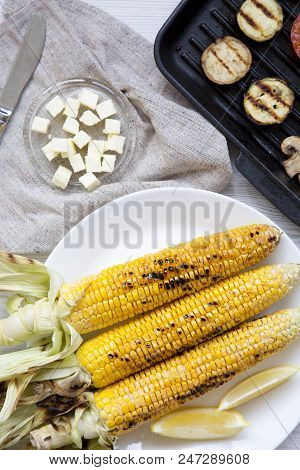 Grilled Corn On The Cob, Grilled Vegetables, View From Above.