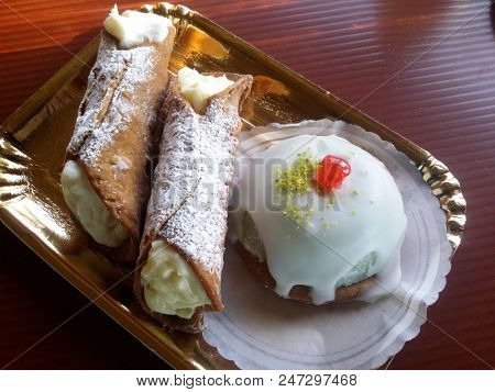 cassata and cannoli, tipical sicilian desserts with ricotta cheese