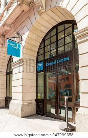 London. May 2018. A View Of A Bupa Health Centre In The City Of London In London.