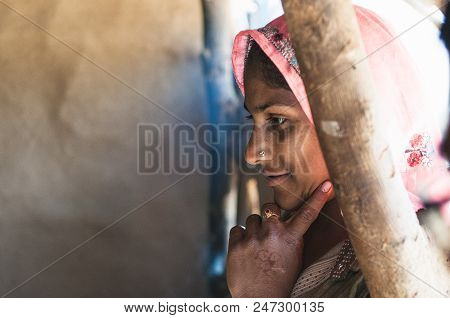 Sariska, India : February 19th, 2015 - Shot Of An Indian Woman Wearing A Traditional Clothing Smilin