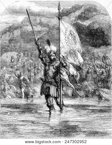 29 November 1513, Balboa takes possession of the South Sea in the name of Castile and the kingdom of Leon, vintage engraved illustration. Magasin Pittoresque 1855.