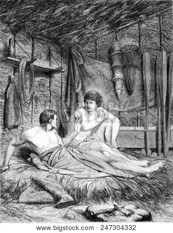 The Fishermen of Theocritus, vintage engraved illustration. Magasin Pittoresque 1855.