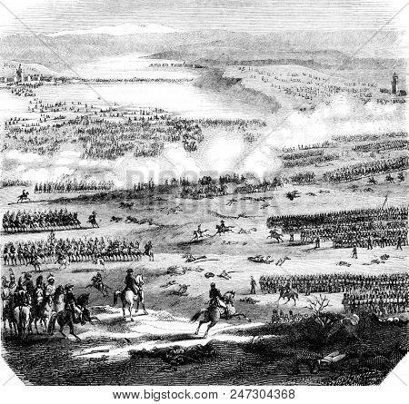 The Battle of Austerlitz, figured after the plans and drawings preserved at the Depot of the war, vintage engraved illustration. Magasin Pittoresque 1844.