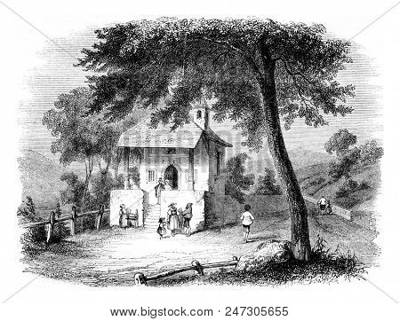 Chapel of Kussnacht, Switzerland, vintage engraved illustration. Magasin Pittoresque 1844.