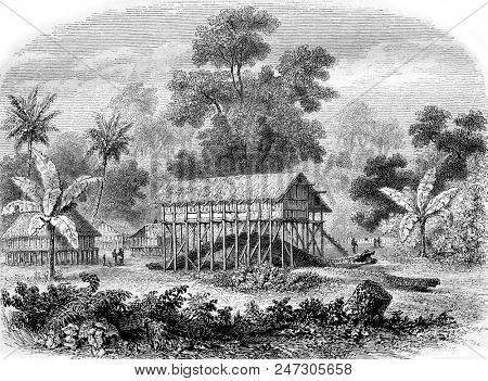Papuan village on stilts, in New Guinea, vintage engraved illustration. Magasin Pittoresque 1855.