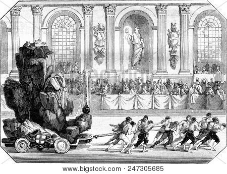 Relief representing the fortress of Montmelian trained before Louis XIV, at the castle of Versailles, vintage engraved illustration. Magasin Pittoresque 1844.