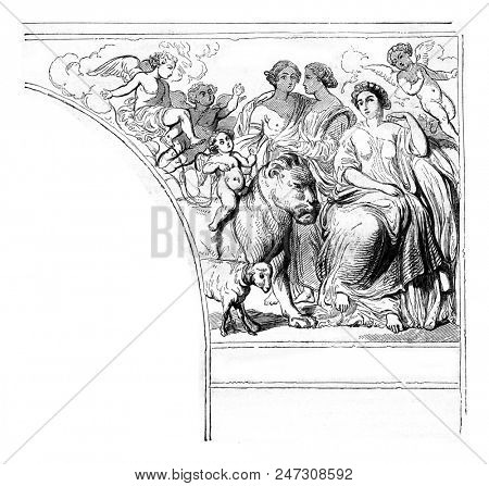 Two young women holding hands, A group of Genies mene allowed a lion and a lamb, vintage engraved illustration. Magasin Pittoresque 1844.