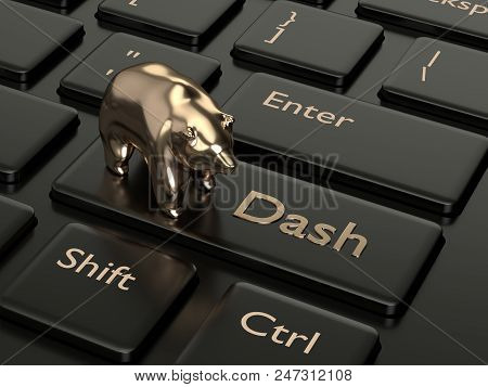 3d Render Of Computer Keyboard With Dash Button And Bear. Cryptocurrencies Concept.