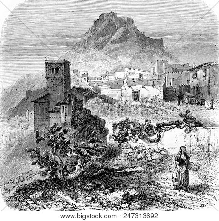 Castle of Lorca, vintage engraved illustration. Magasin Pittoresque 1855.