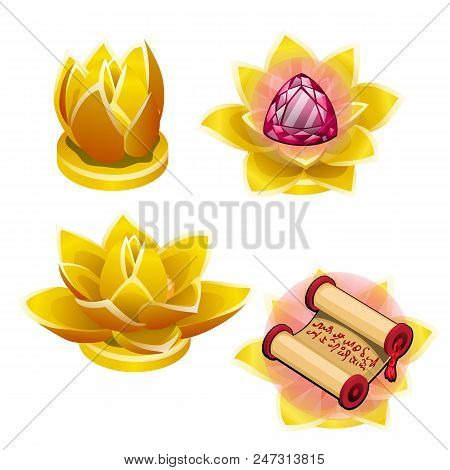 A Set Of Gold Statues In The Shape Of A Lotus Flower Isolated On White Background. Vector Cartoon.