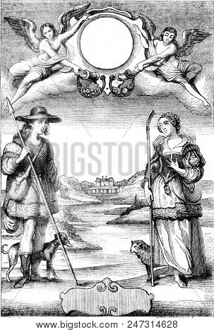 One of the novel Frontispieces of Astree, old edition, vintage engraved illustration. Magasin Pittoresque 1841.