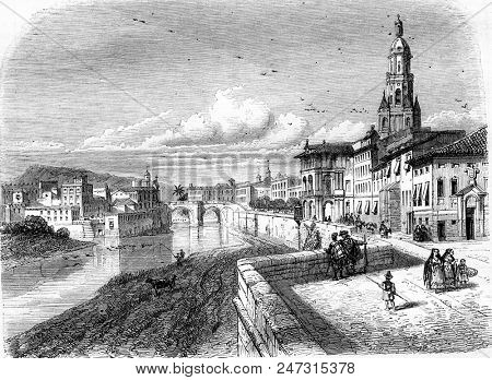 View of Murcia, vintage engraved illustration. Magasin Pittoresque 1855.