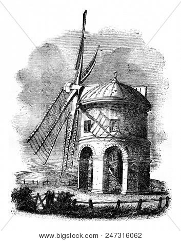 The Windmill Chesterton, Warwickshire, vintage engraved illustration. Magasin Pittoresque 1841.