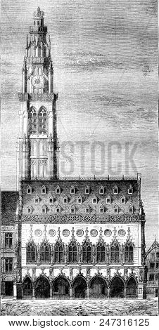 City Hall of Arras in its primitive state, vintage engraved illustration. Magasin Pittoresque 1841.