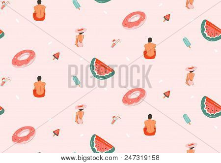 Hand Drawn Vector Abstract Graphic Cartoon Summer Time Flat Illustrations Seamless Patterns With Coc
