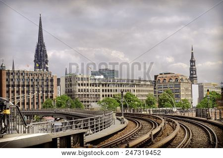 A View  On The City Hamburg From Telpherage Of Subway In Hafencity In Retro Style