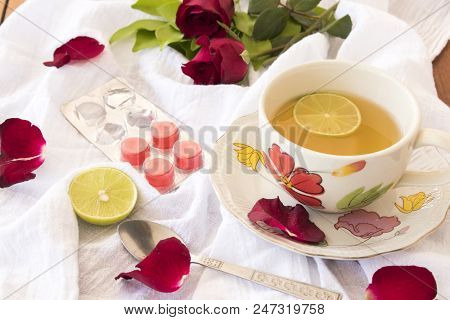 Herbal Health Care Hot Mix Honey Lemon And Cough Sore Throat Pastille Pills With Red Rose Flowers