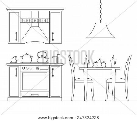 Interior Of A Small Studio In A Linear Style. Kitchen And Dining Room. Vector Outline Illustration.