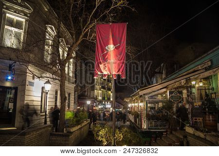 Belgrade, Serbia - February 14, 2015: Skadarlija Street (also Known As Skadarska) At Night With Its 