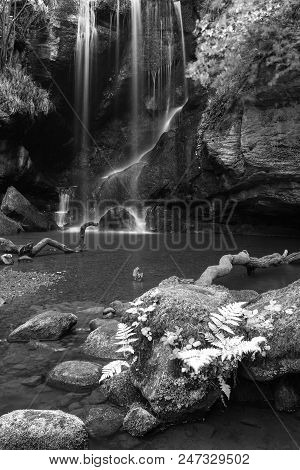 Stunning Black And White Waterfall Landscape At Roughting Linn In Northumberland National Park In En