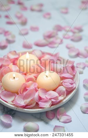 Beautiful Pink Roses And Candles For Spa Background