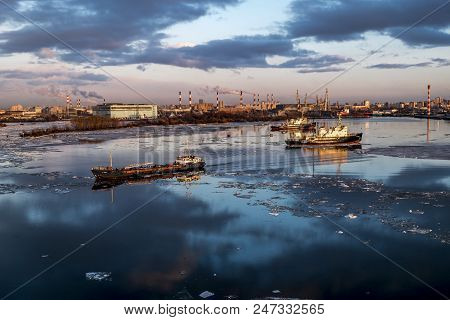 Saint-petersburg.russia.6 April 2018. Cranes  And Ships In The Marine Cargo Port Of Saint-petersburg