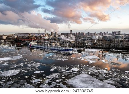 Saint-petersburg.russia.6 April 2018. Cranes  And Ships In The Marine Cargo Port Of Saint-petersburg
