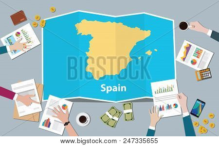 Spain Economy Country Growth Nation Team Discuss With Fold Maps View From Top Vector Illustration