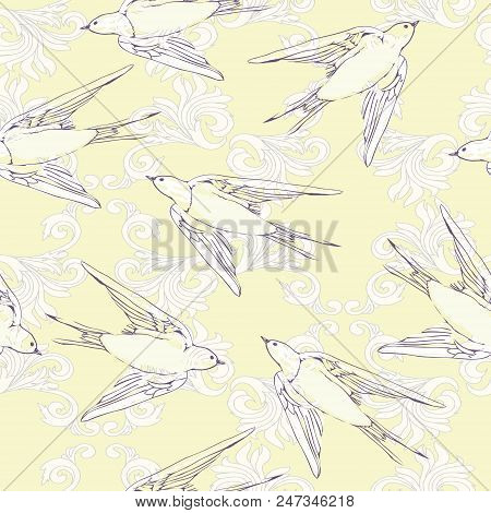 Vintage Pattern With Little Swallows, Illustration, Vector