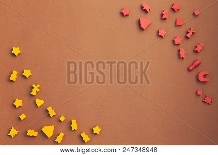 Flat Lay Pattern Frame With Board Game Wooden Components Background Border With Copy Space. Eurogame