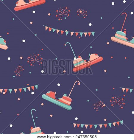 Amusement Park Seamless Pattern With Bumper Cars And Fireworks. Vector Illustration.