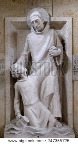 MUNSTERSCHWARZACH, GERMANY - JULY 09: Saint Mauro rescues young Placidus from drowning, altar in Munsterschwarzach Abbey, Benedictine monastery, Germany on July 09, 2017.