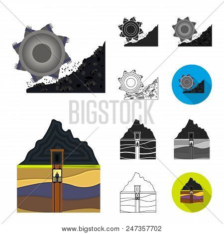 Mining Industry Cartoon, Black, Flat, Monochrome, Outline Icons In Set Collection For Design. Equipm