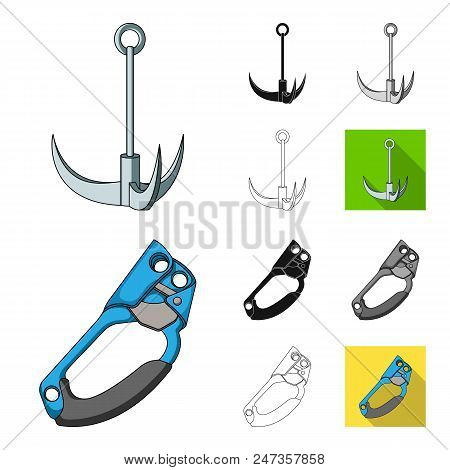 Mountaineering And Climbing Cartoon, Black, Flat, Monochrome, Outline Icons In Set Collection For De