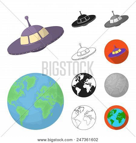 Space Technology Cartoon, Black, Flat, Monochrome, Outline Icons In Set Collection For Design.spacec