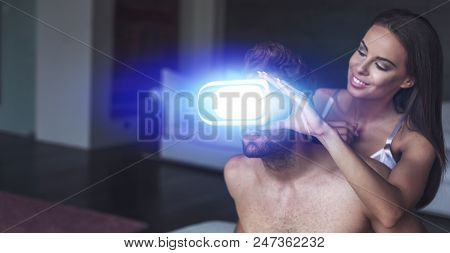 Sexy Woman Holding Vr Glasses For Man At Night, Cybersex