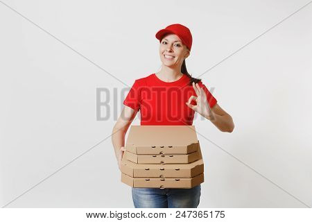 Woman In Red Cap, T-shirt Giving Food Order Pizza Boxes Isolated On White Background. Female Pizzama