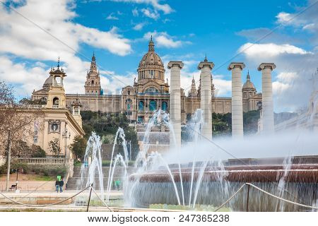 Barcelona - March, 2018: Magic Fountain Of Montjuic And The Museu Nacional De Art De Catalunya