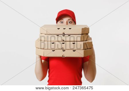 Woman In Red Cap, T-shirt Giving Food Order Pizza Boxes Isolated On White Background. Female Pizzama